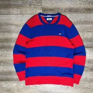 Vintage Tommy Hilfiger Sweater Men's L Striped Red Blue Pullover Knit Y2K 90s